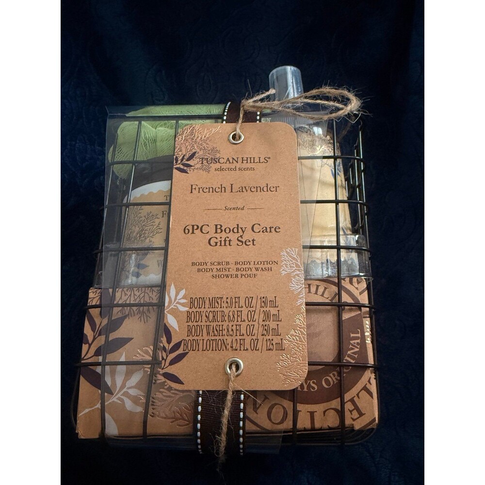NIB Tuscan Hills 6PC Body Care Gift Set - French Lavender with Metal Caddy